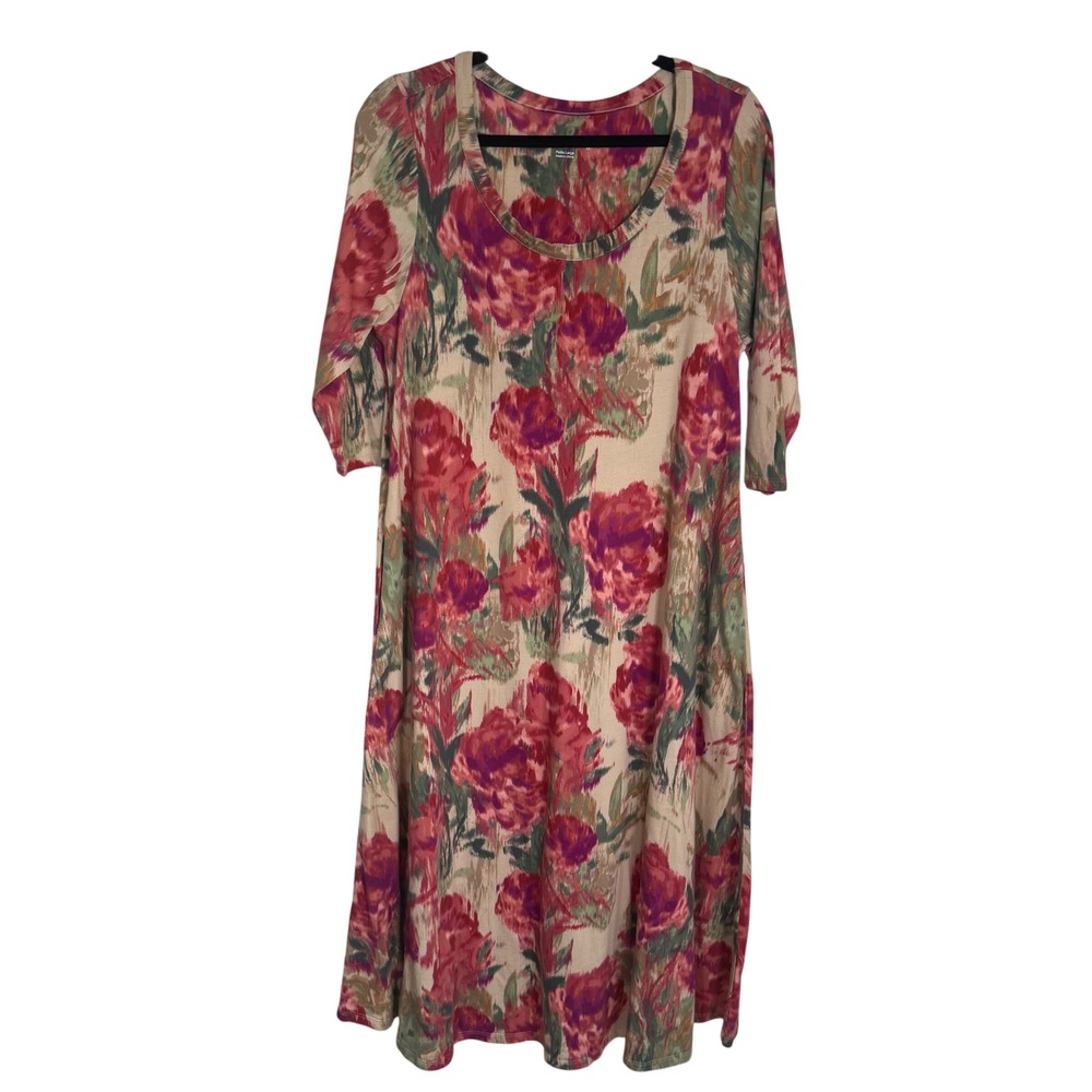 Soft Surroundings Floral Cotton Modal 3/4 Sleeve Pocket Midi Dress Petite Large